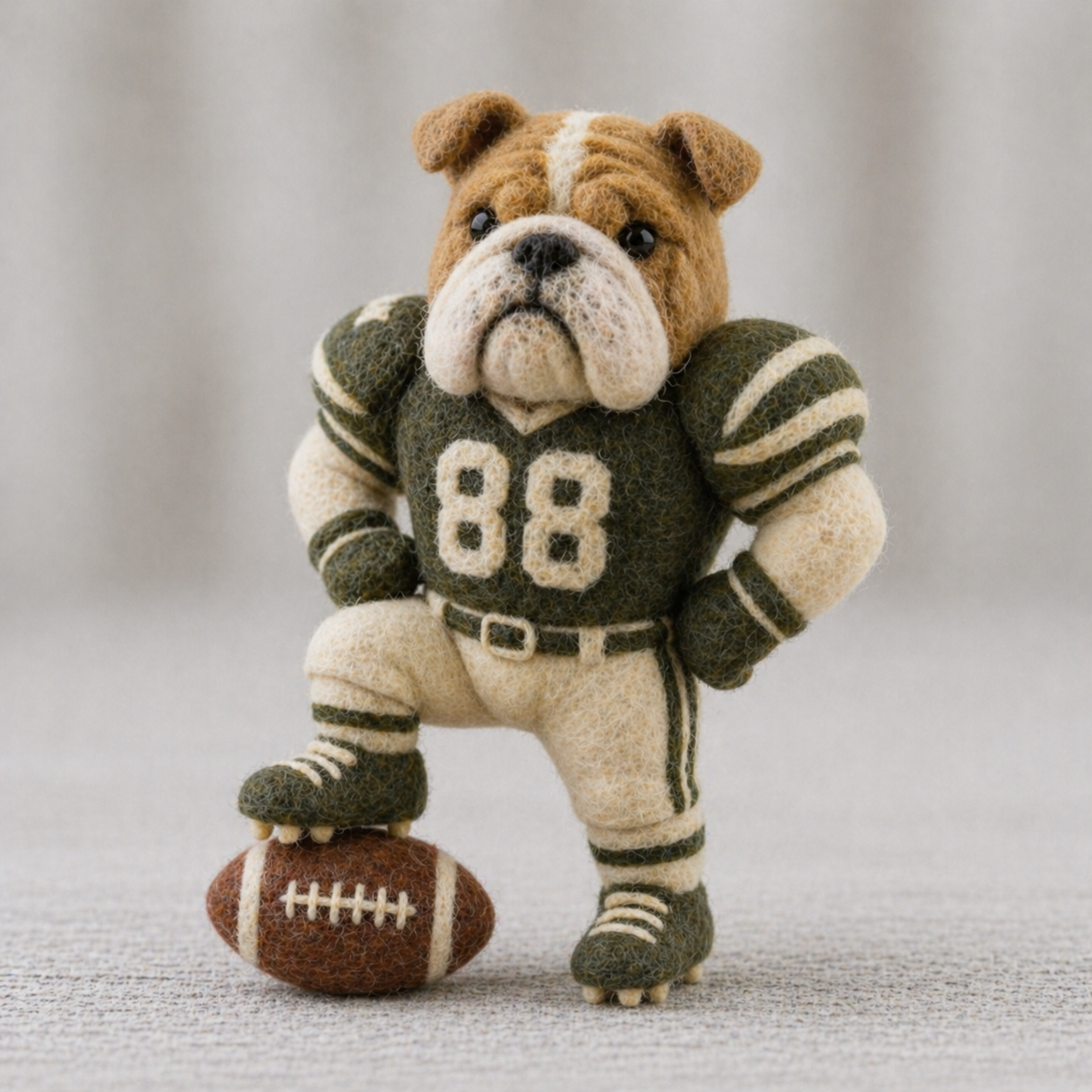 Handmade Wool Felt Bulldog Football Player Figurine – Sporty Team Decor