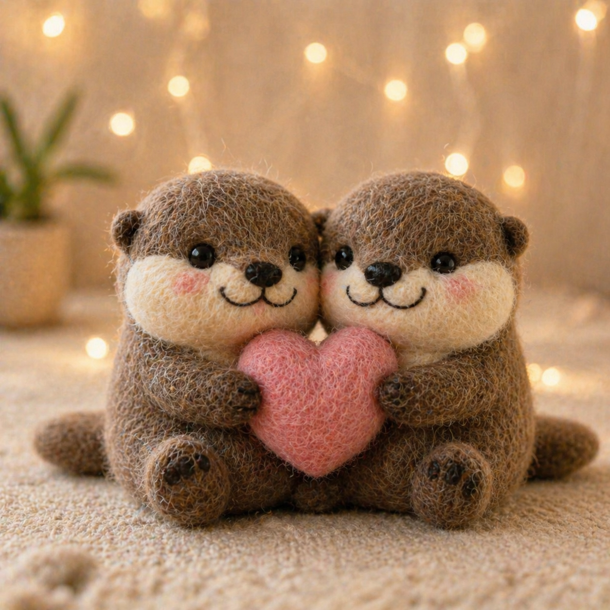 Handmade Wool Felt Otter Couple with Pink Heart Figurine – Cute Love Decor