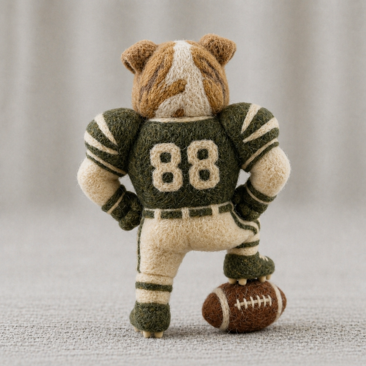 Handmade Wool Felt Bulldog Football Player Figurine – Sporty Team Decor