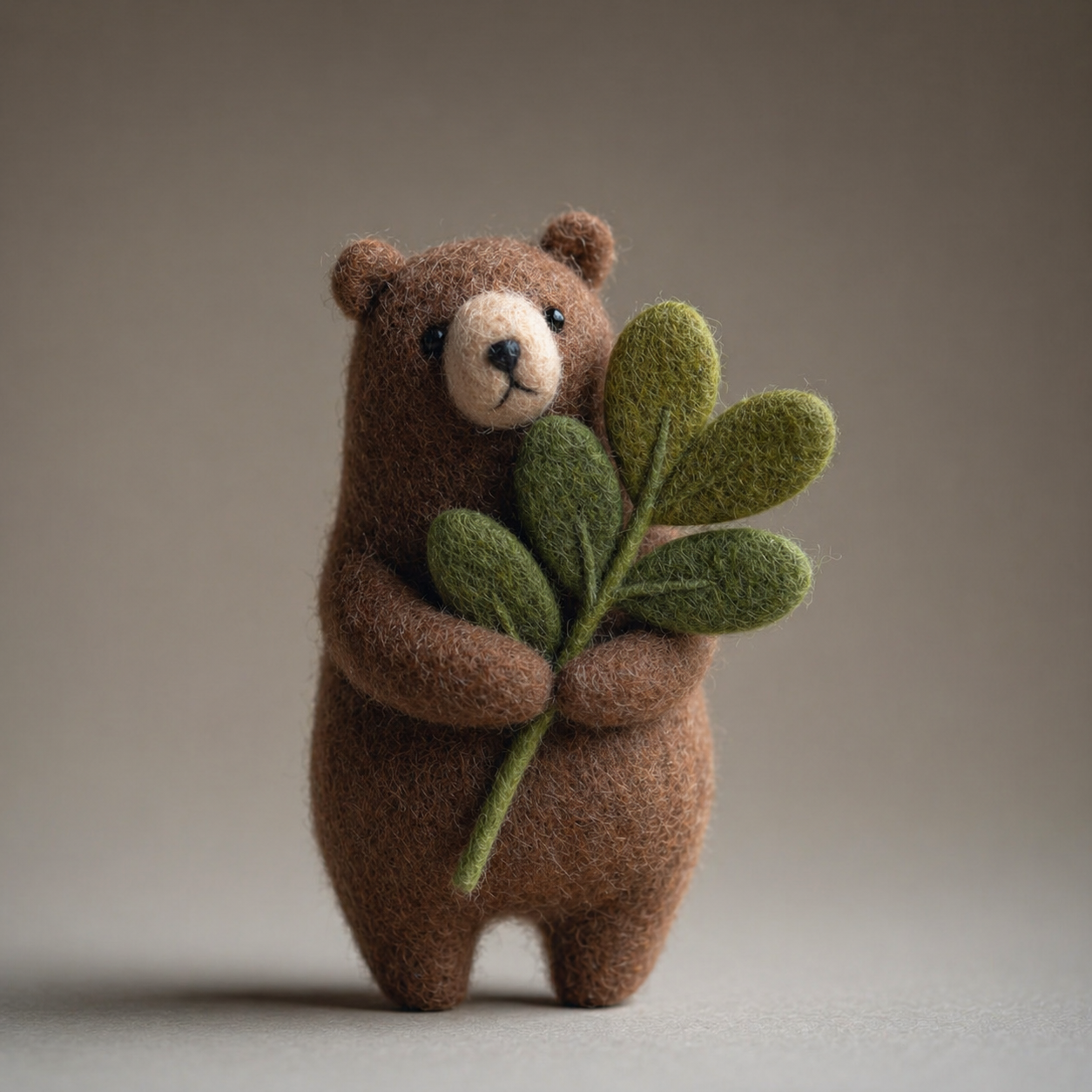 Handmade Wool Felt Brown Bear with Leaf Branch Figurine – Cute Nature Decor