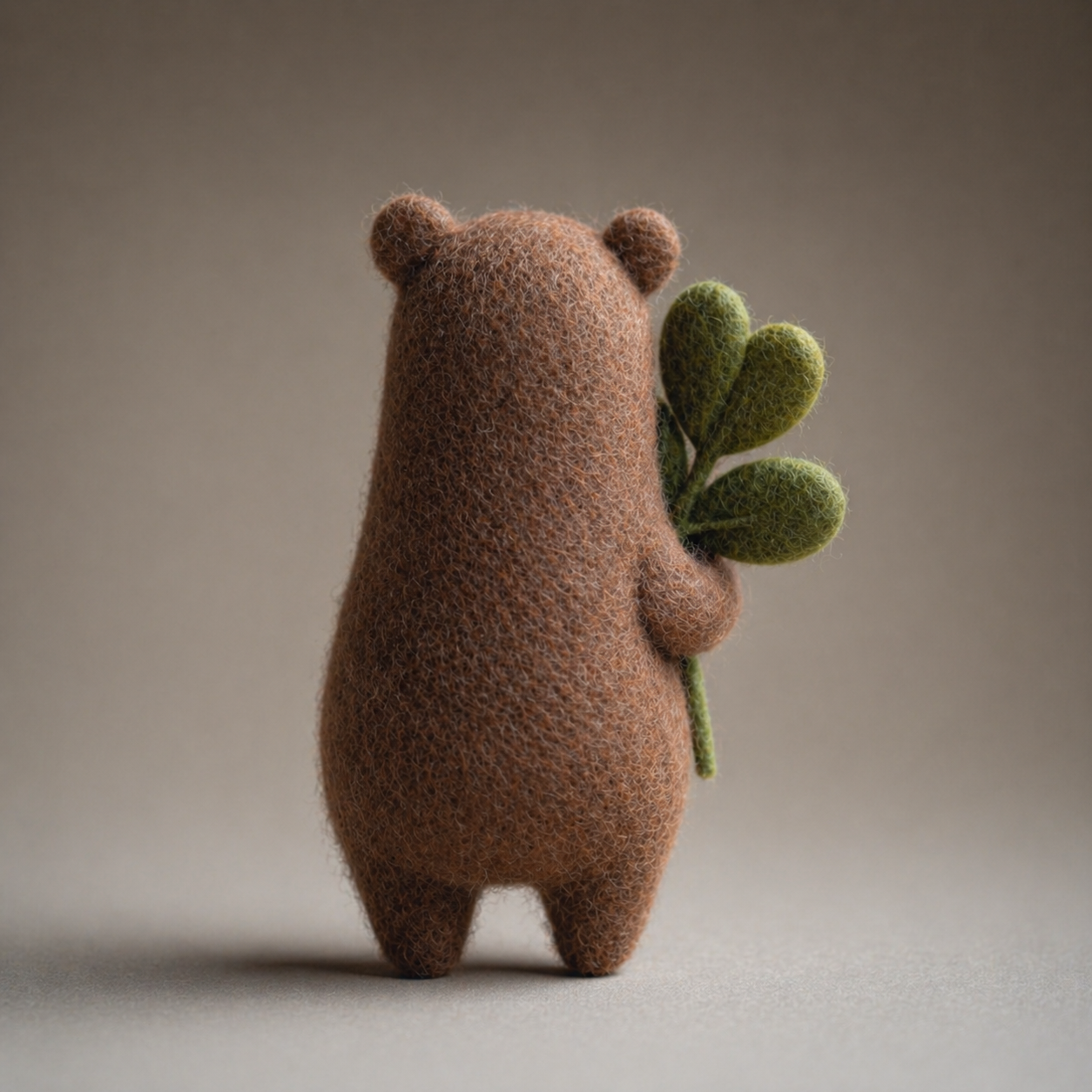 Handmade Wool Felt Brown Bear with Leaf Branch Figurine – Cute Nature Decor