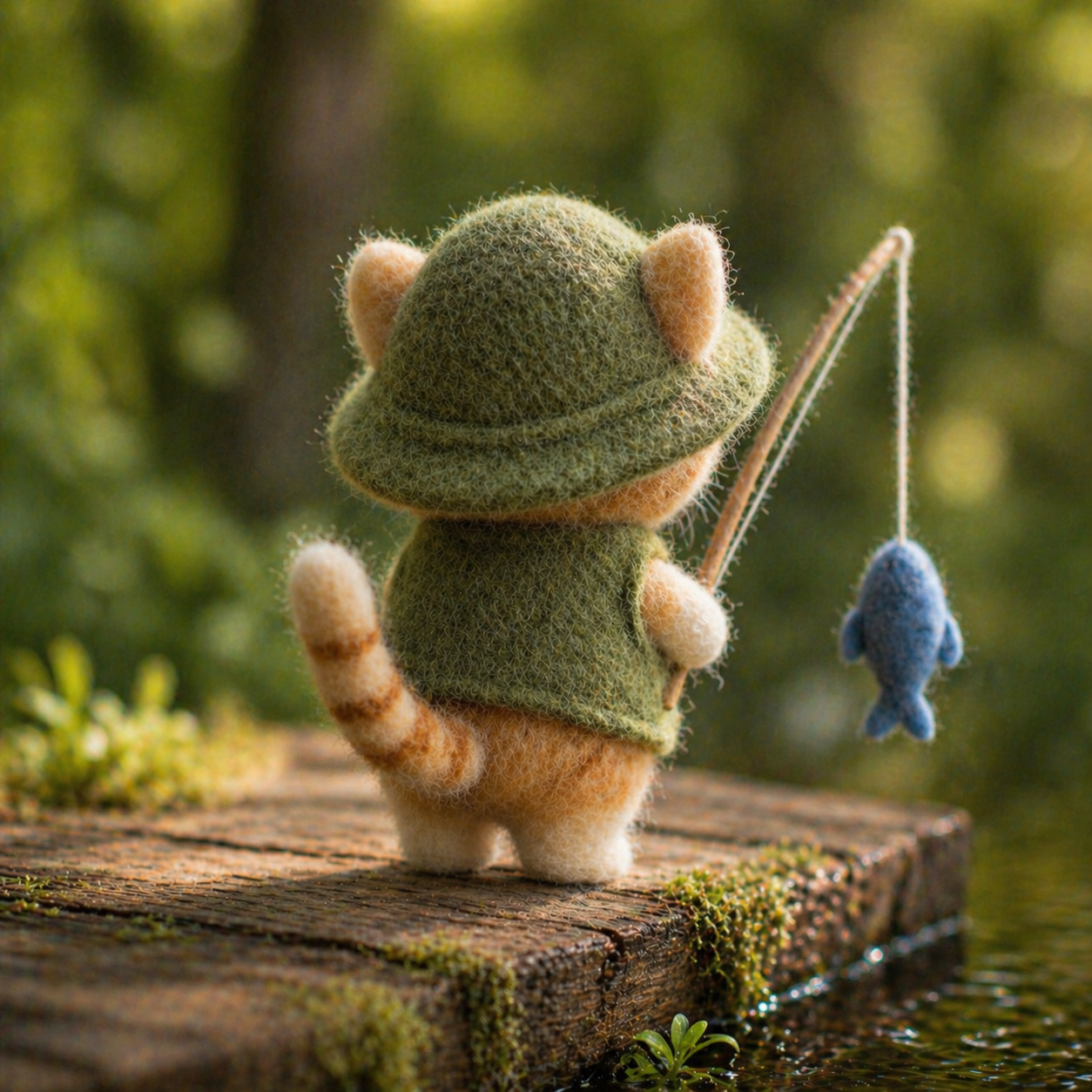 Handmade Wool Felt Fishing Cat with Blue Fish Figurine – Cute Outdoor Decor