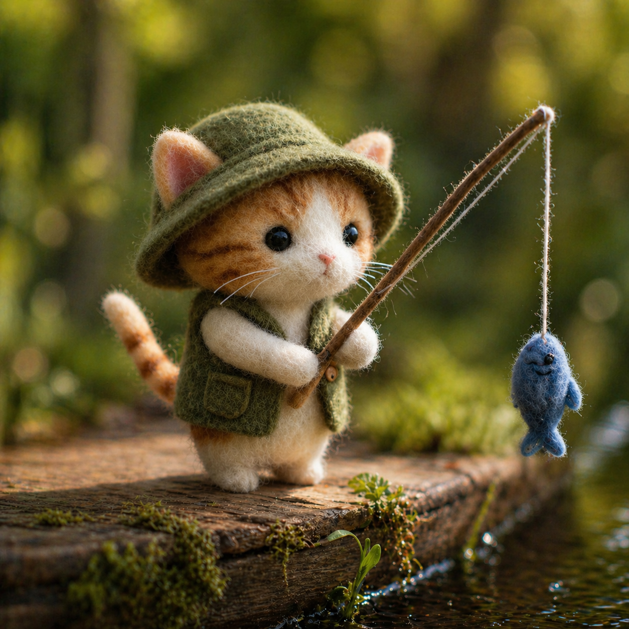 Handmade Wool Felt Fishing Cat with Blue Fish Figurine – Cute Outdoor Decor