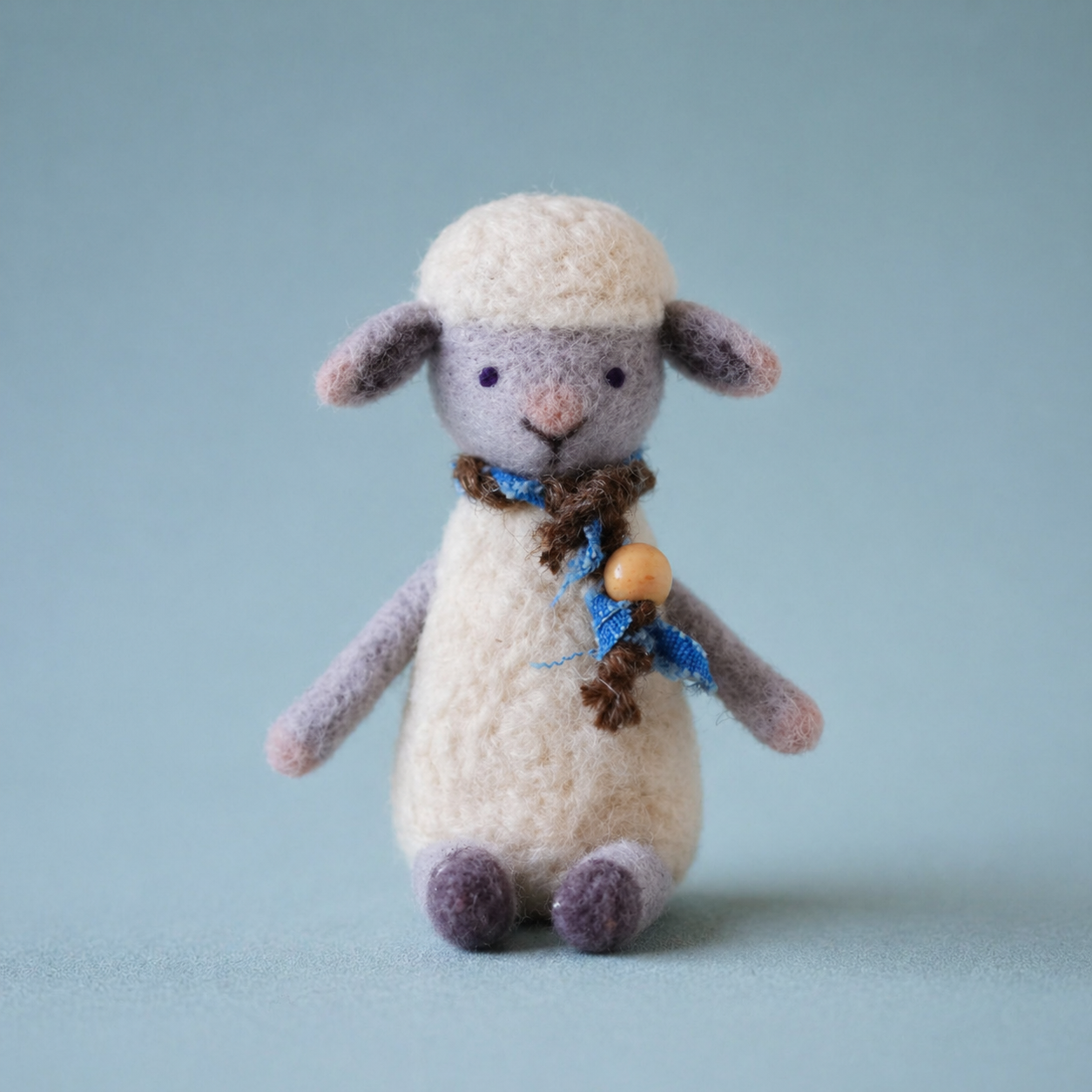 Handmade Wool Felt Sheep with Scarf and Bead Figurine – Cute Farm Animal Decor