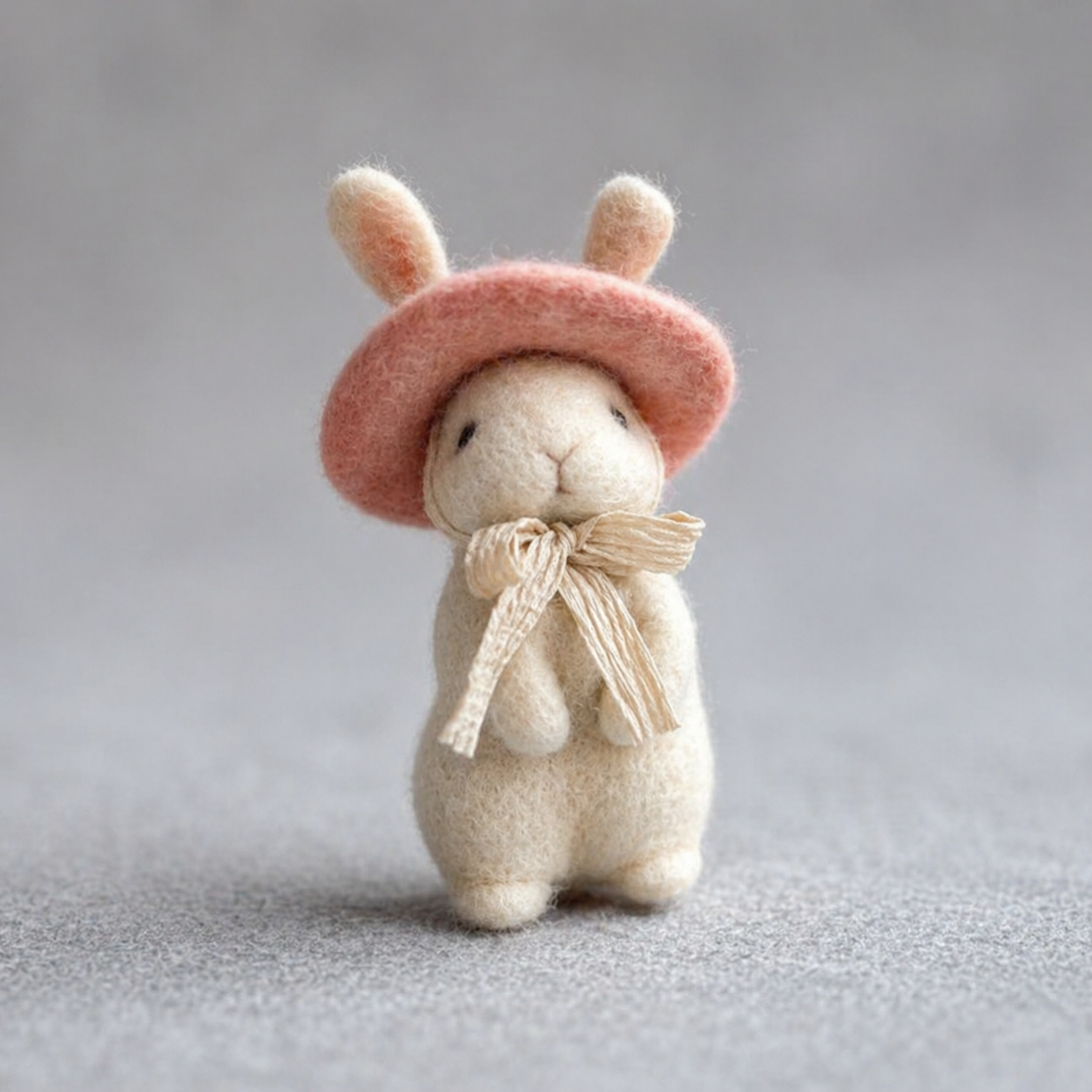 Handmade Wool Felt Cream Bunny with Pink Hat Figurine – Cute Whimsical Decor