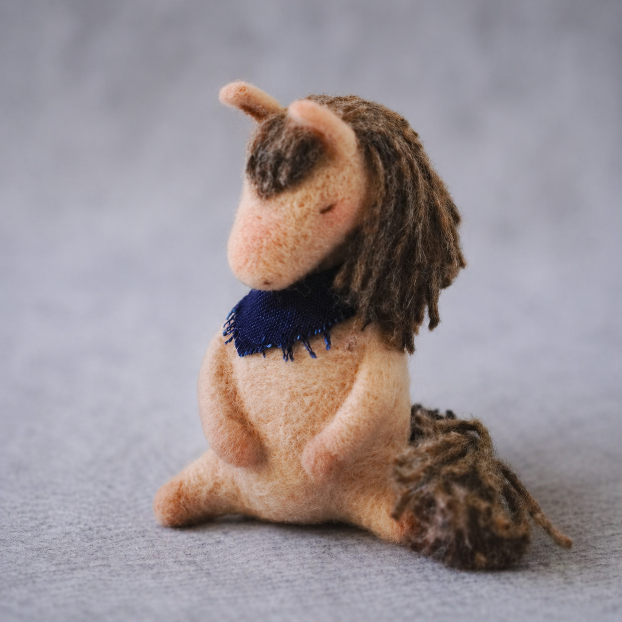 Handmade Wool Felt Cozy Horse with Blue Bandana Figurine – Cute Farm Animal Decor