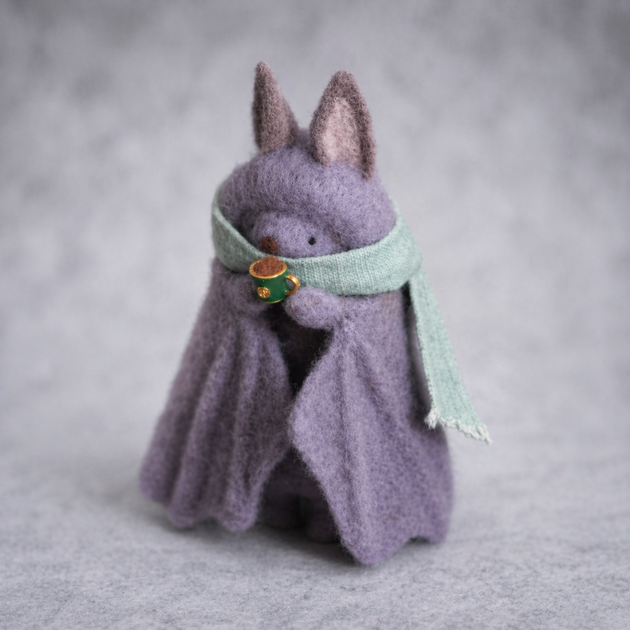 Handmade Wool Felt Cozy Bunny with Cup Figurine – Cute Winter Decor