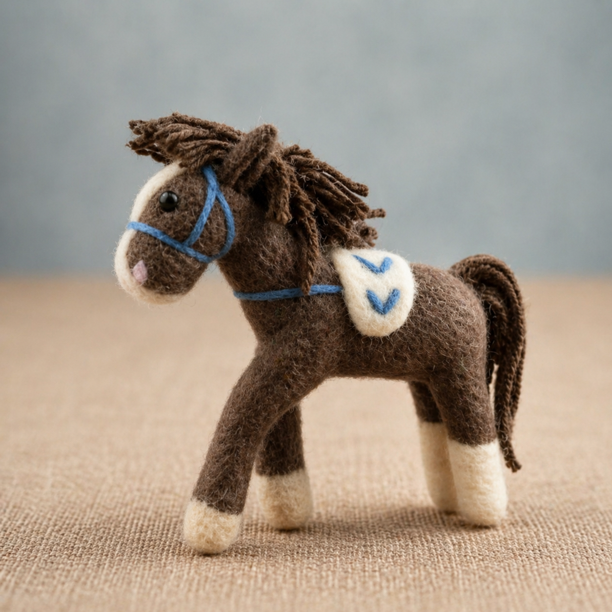 Handmade Wool Felt Brown Horse with Blue Bridle Figurine – Cute Farm Animal Decor