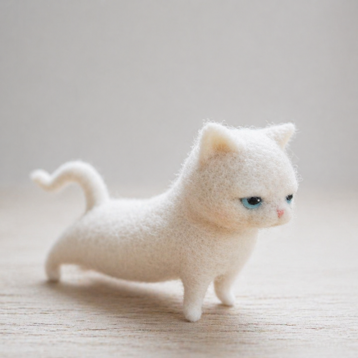 Handmade Wool Felt White Cat Figurine – Cute Miniature Cat Decor
