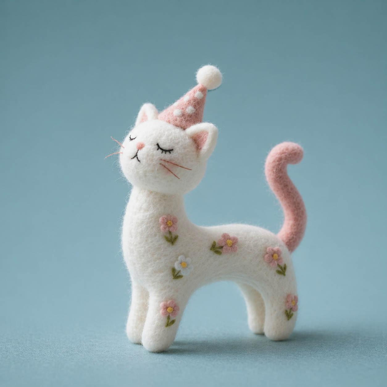 Handmade Wool Felt Party Cat with Floral Embroidery Figurine – Cute Festive Decor