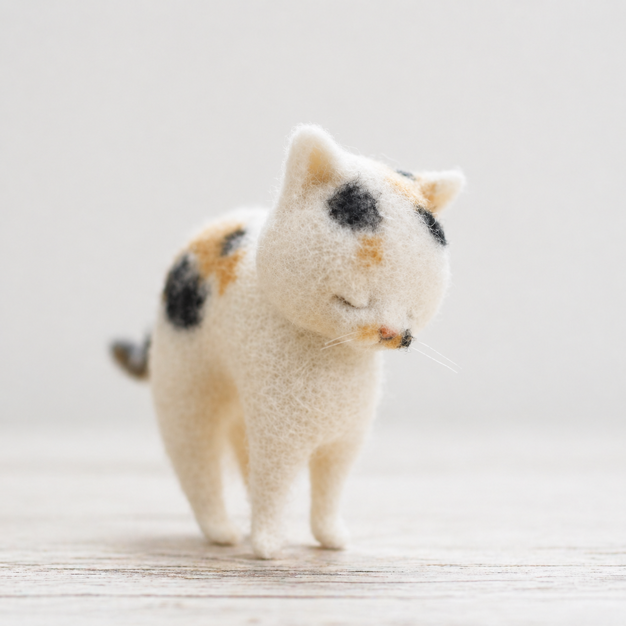 Handmade Wool Felt Calico Cat Figurine – Realistic Miniature Pet Decor
