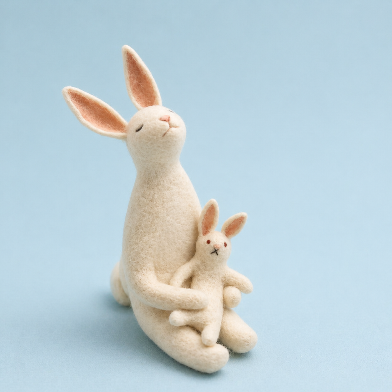 Handmade Wool Felt Mother & Baby Rabbit Figurine – Cute Whimsical Decor