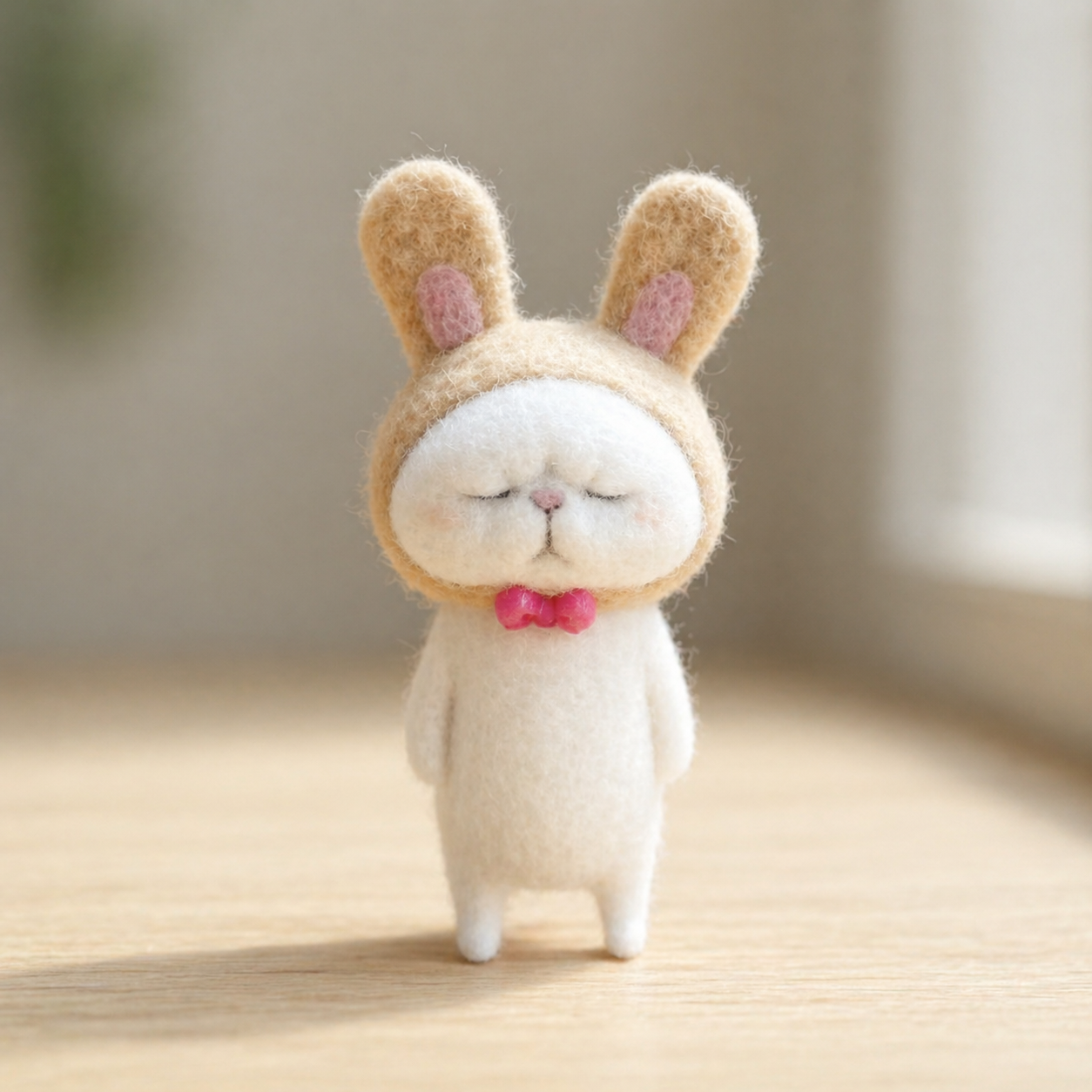 Handmade Wool Felt Bunny-Hooded Character Figurine – Cute Whimsical Decor