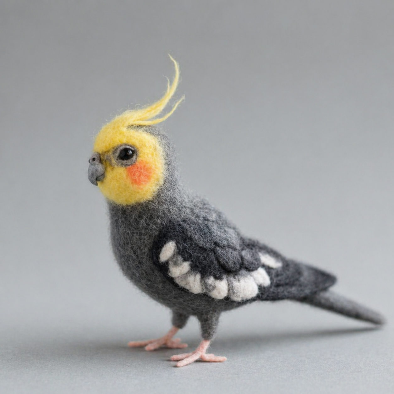 Handmade Wool Felt Cockatiel Figurine – Realistic Miniature Bird Decor