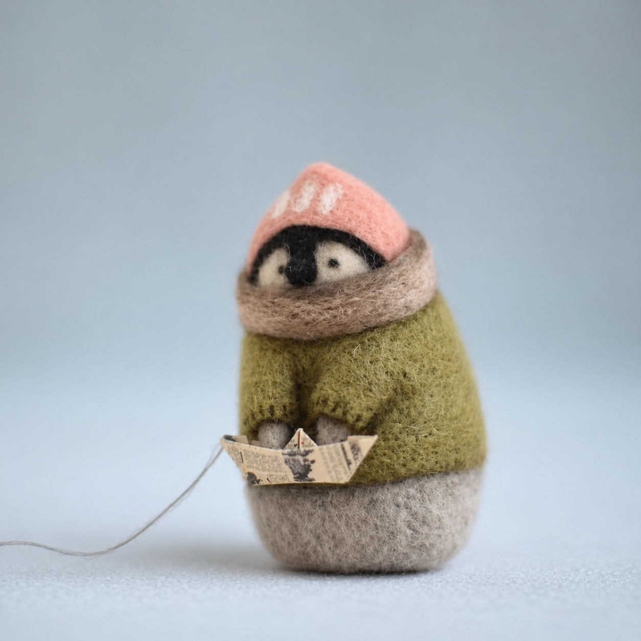 Handmade Wool Felt Penguin with Paper Boat Figurine – Cute Whimsical Decor