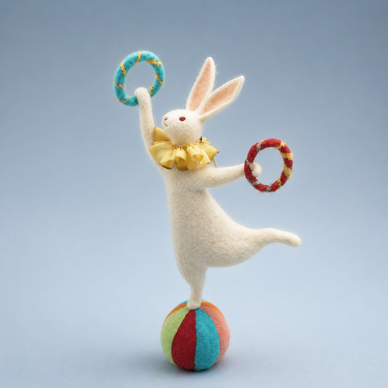 Handmade Wool Felt Circus Acrobat Rabbit Figurine – Whimsical Decor