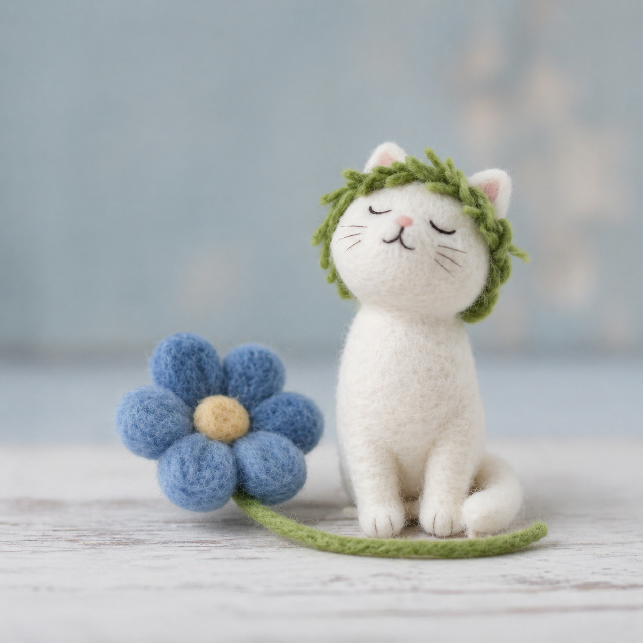 Handmade Wool Felt Cat with Flower Crown and Blue Flower Figurine – Whimsical Spring Decor
