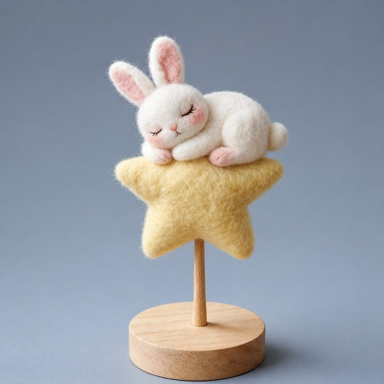 Handmade Wool Felt Sleeping Bunny on Star Figurine – Dreamy Nursery Decor