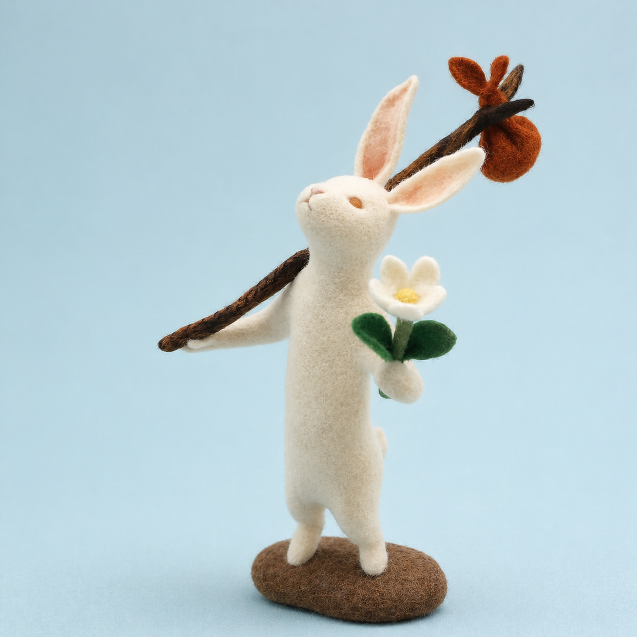 Handmade Wool Felt Traveling Rabbit Figurine – Whimsical Decor