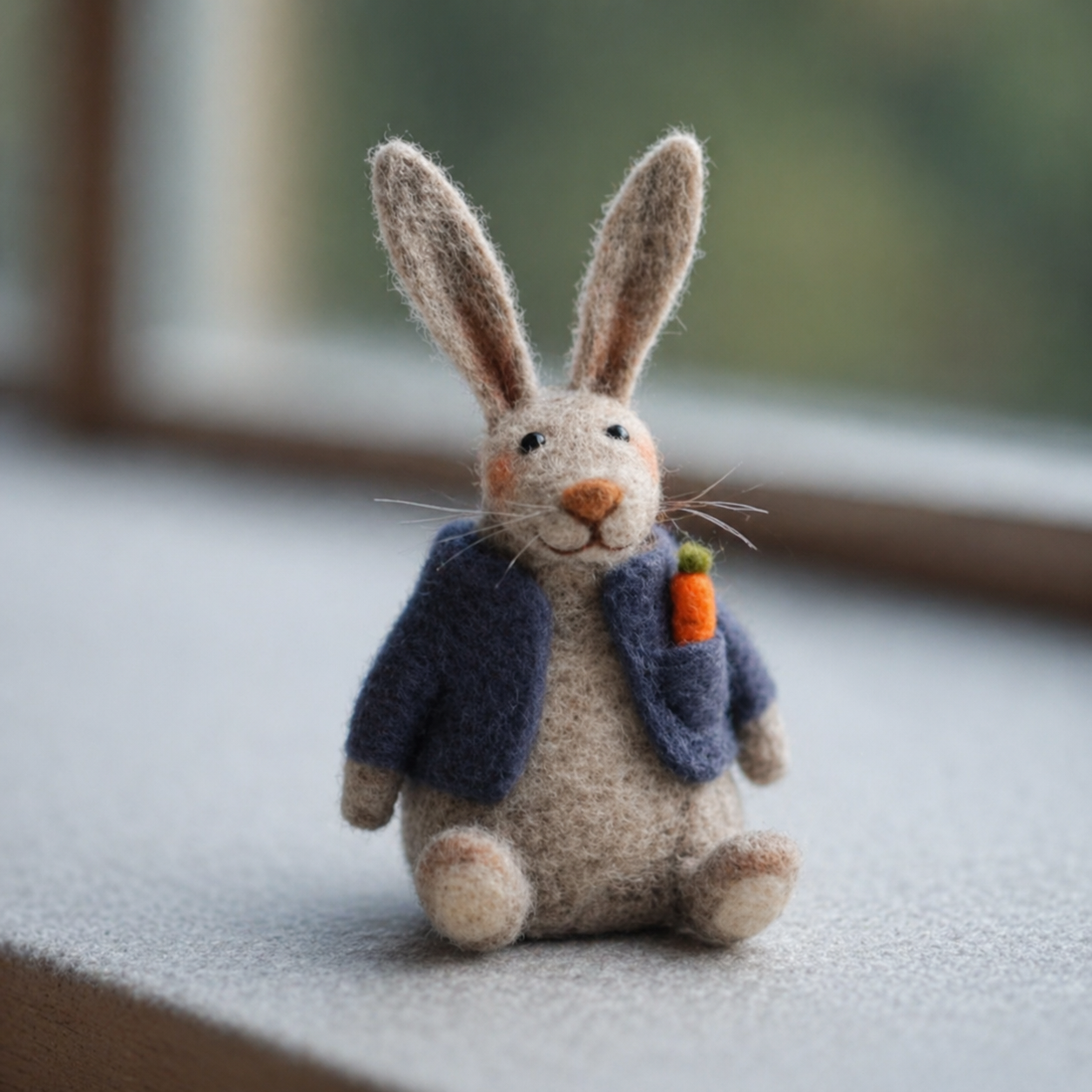 Handmade Wool Felt Bunny with Carrot Figurine – Cute Whimsical Decor
