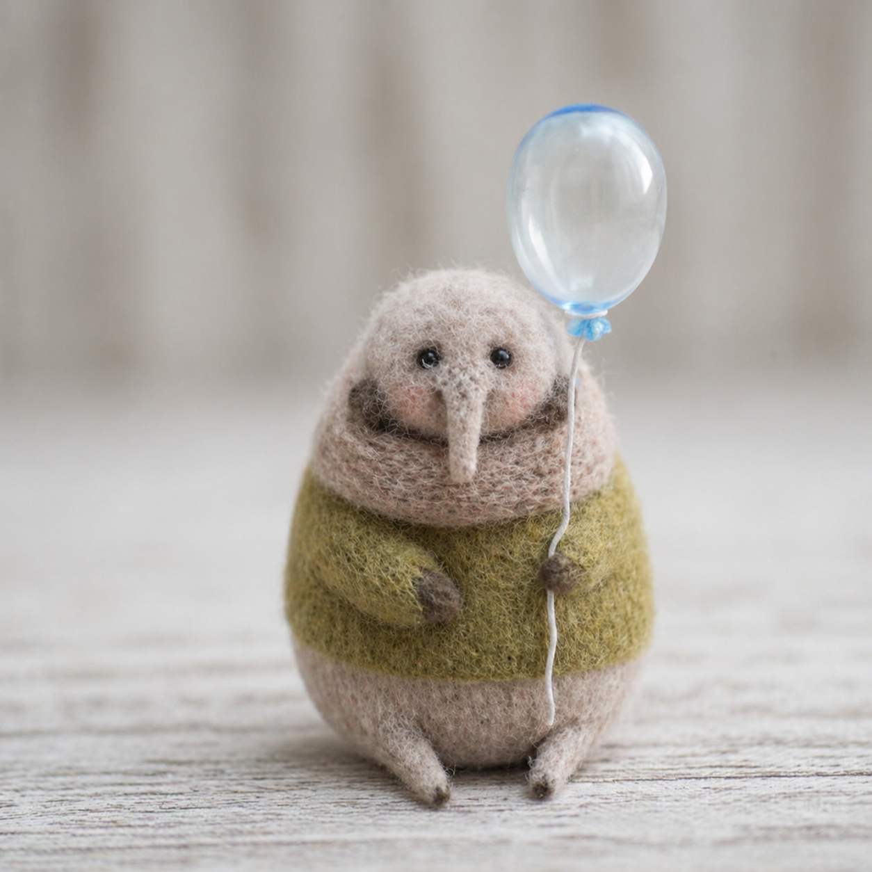Handmade Wool Felt Mole with Balloon Figurine – Cute Whimsical Decor