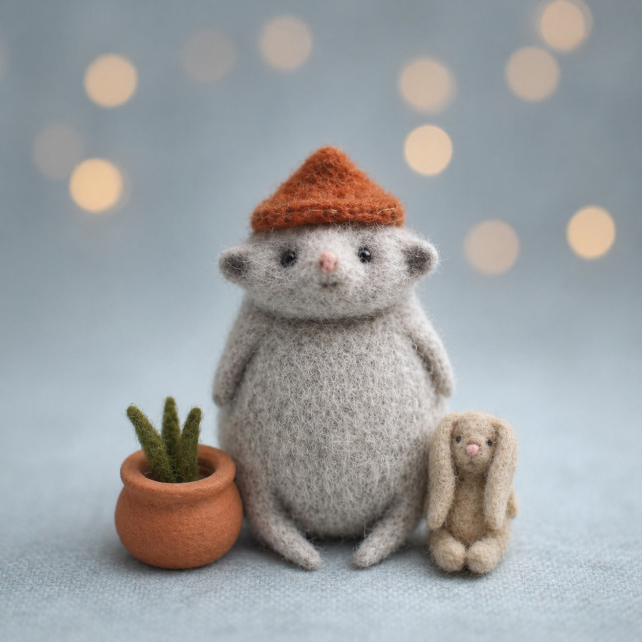 Handmade Wool Felt Mouse with Plant & Bunny Figurine – Cute Whimsical Decor