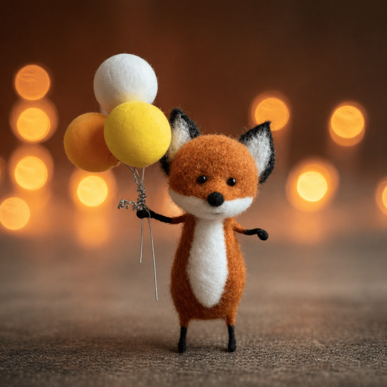 Handmade Wool Felt Fox with Balloons Figurine – Cute Whimsical Decor