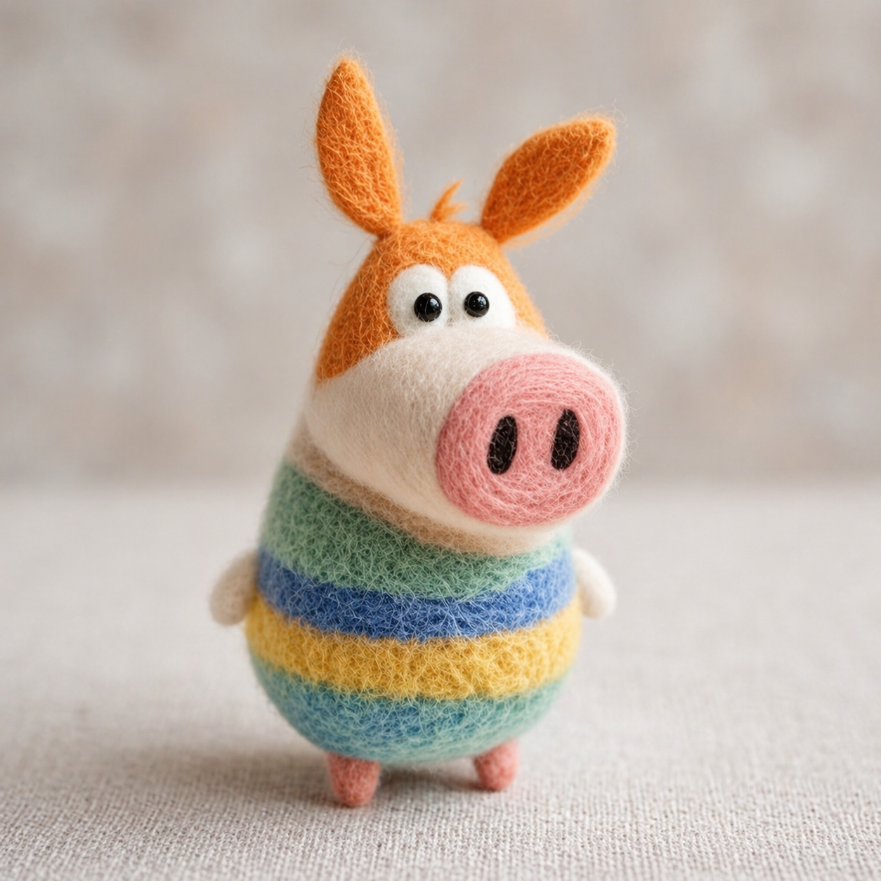 Handmade Wool Felt Rainbow Striped Pig Figurine – Whimsical Cute Decor