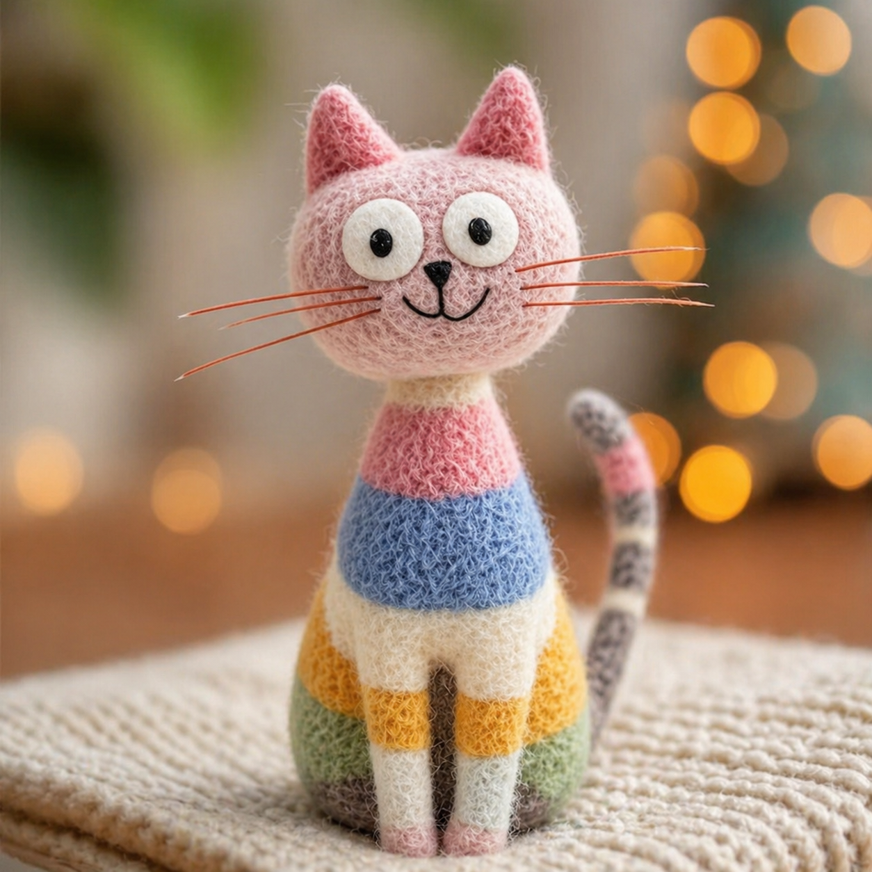 Handmade Wool Felt Rainbow Striped Cat Figurine – Whimsical Cute Decor