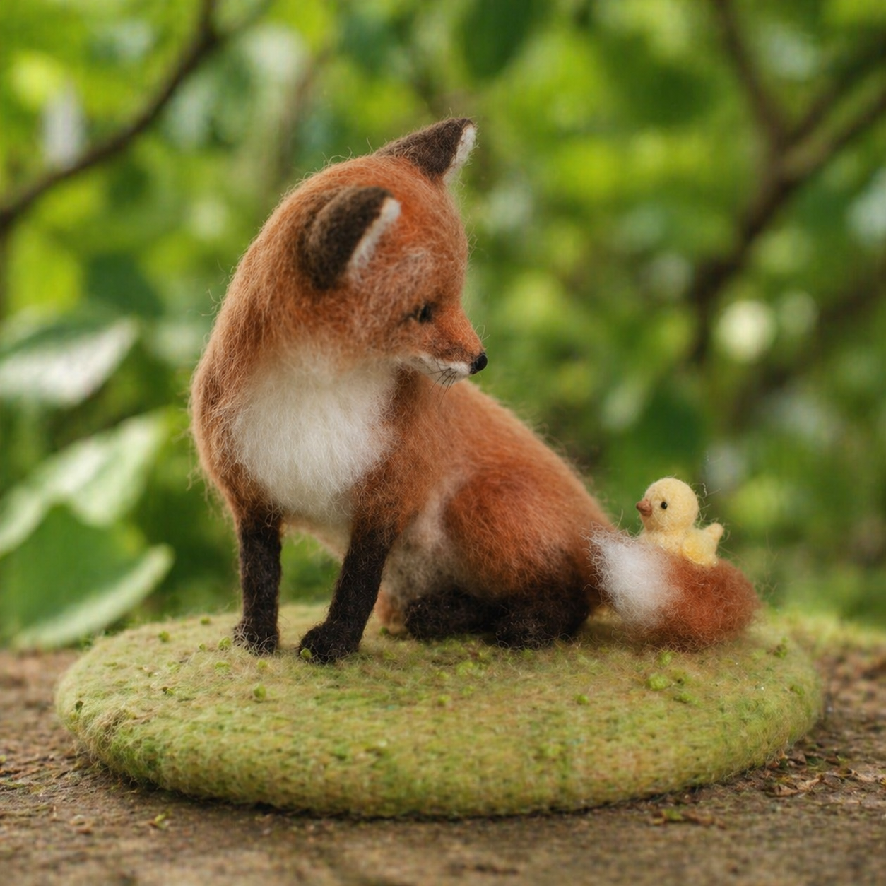 Handmade Wool Felt Fox with Little Duckling Figurine – Cute Wildlife Decor