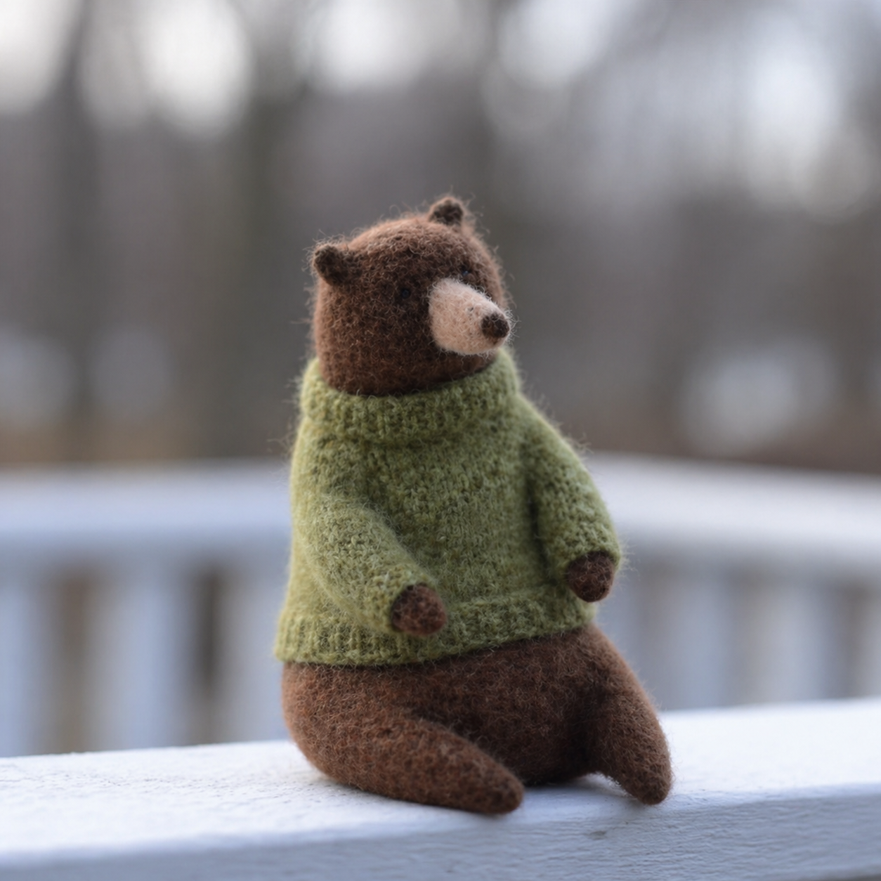 Handmade Wool Felt Bear in Green Sweater Figurine – Cute Whimsical Decor