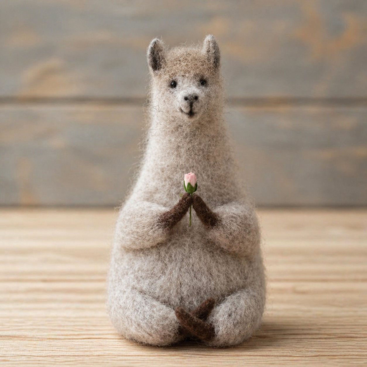 Handmade Wool Felt Meditating Alpaca Figurine with Flower – Cute Whimsical Decor