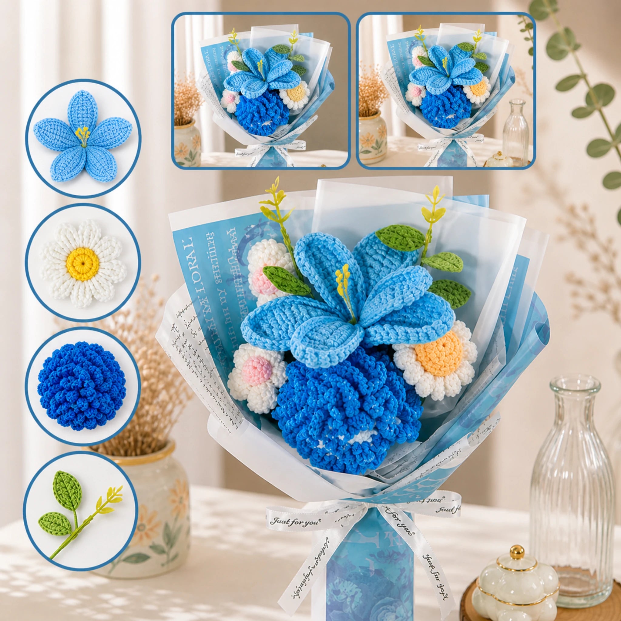 Handmade Crochet Blue Flower Bouquet – Eternal Knit Floral Gift for Her, Birthday & Anniversary