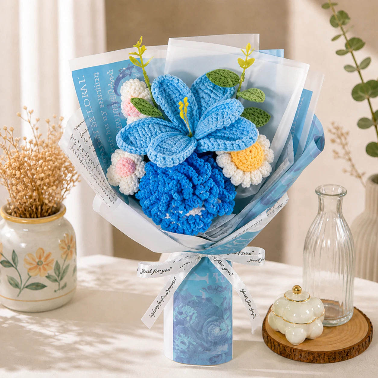 Handmade Crochet Blue Flower Bouquet – Eternal Knit Floral Gift for Her, Birthday & Anniversary