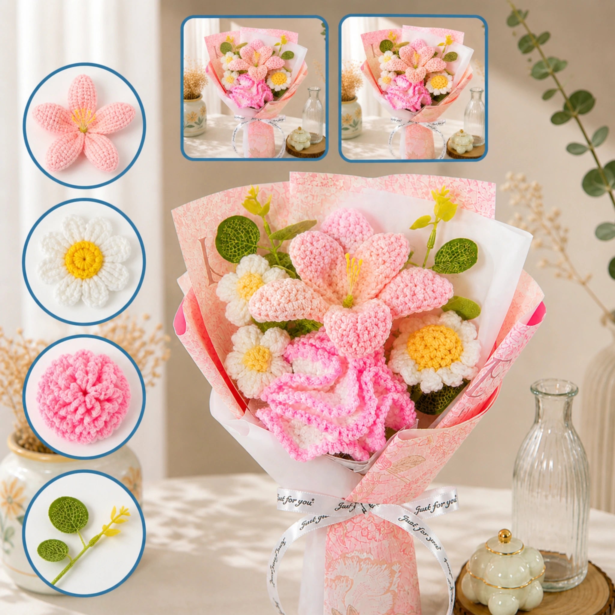 Handmade Crochet Pink Lily & Carnation Bouquet – Eternal Knit Flowers Gift for Her, Anniversary & Birthday