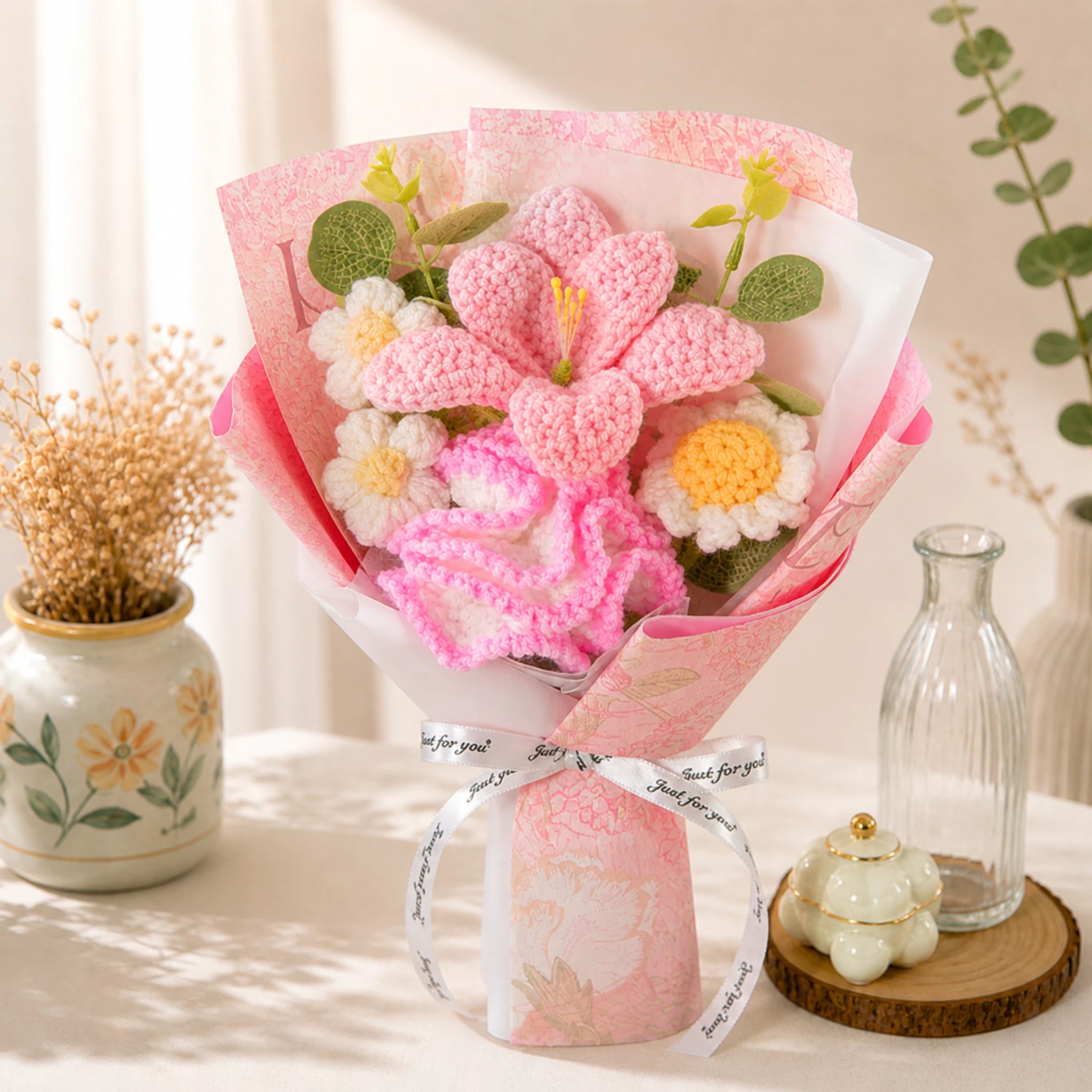 Handmade Crochet Pink Lily & Carnation Bouquet – Eternal Knit Flowers Gift for Her, Anniversary & Birthday