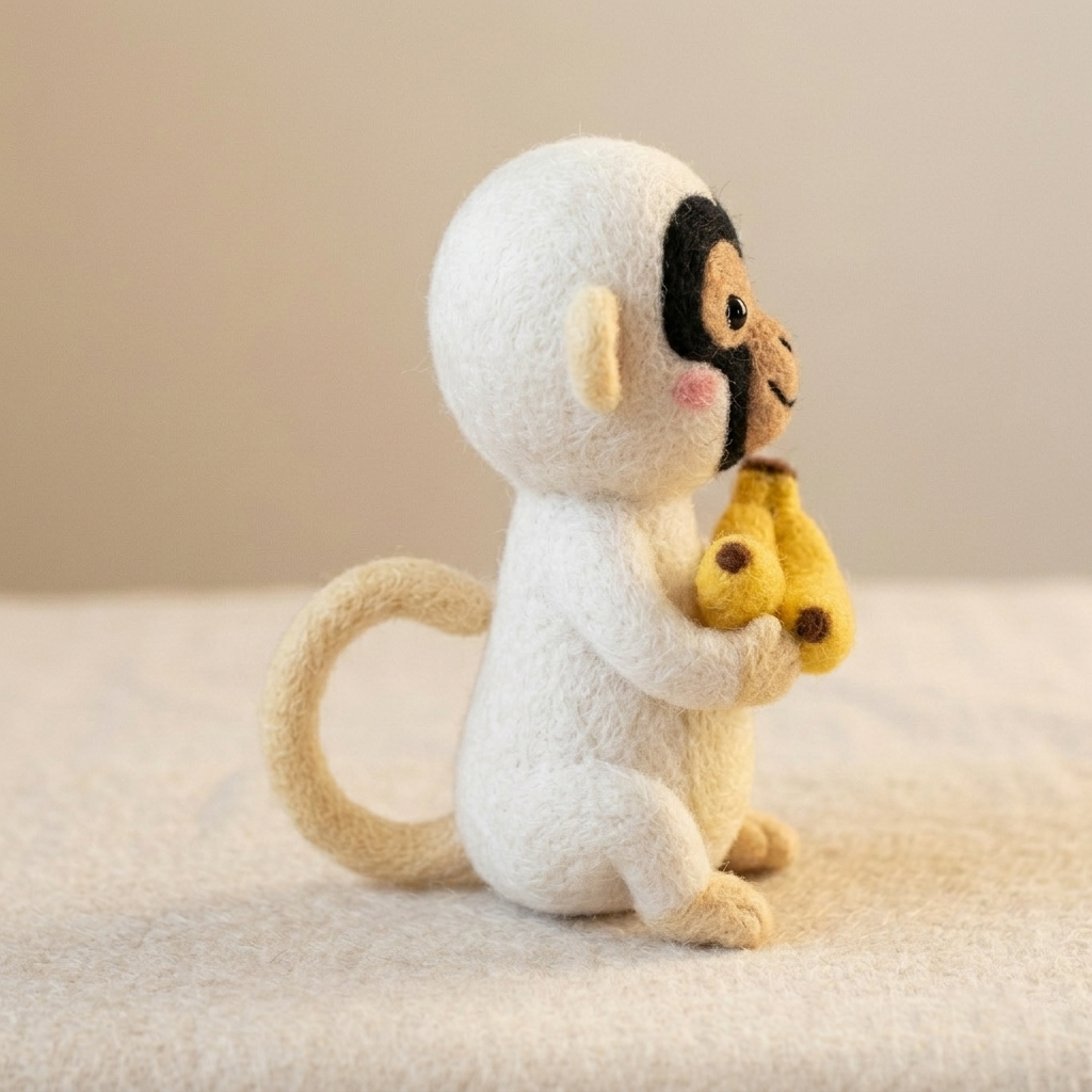 Handmade Wool Felt Monkey with Bananas Figurine – Cute Whimsical Decor