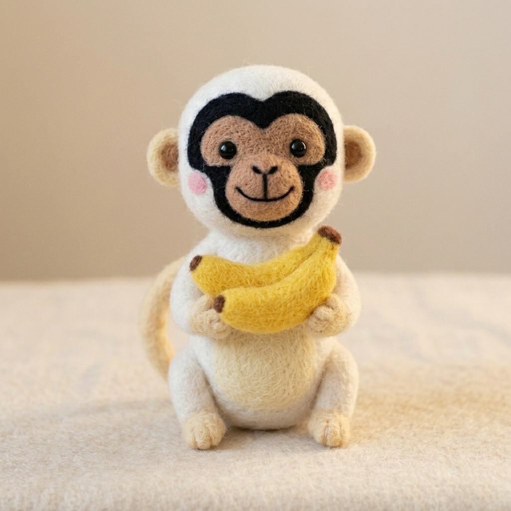 Handmade Wool Felt Monkey with Bananas Figurine – Cute Whimsical Decor