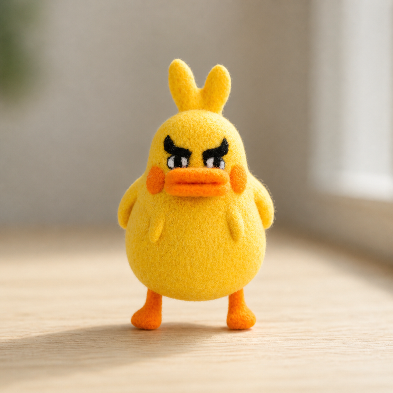 Handmade Wool Felt Grumpy Yellow Duck Figurine – Cute Whimsical Decor