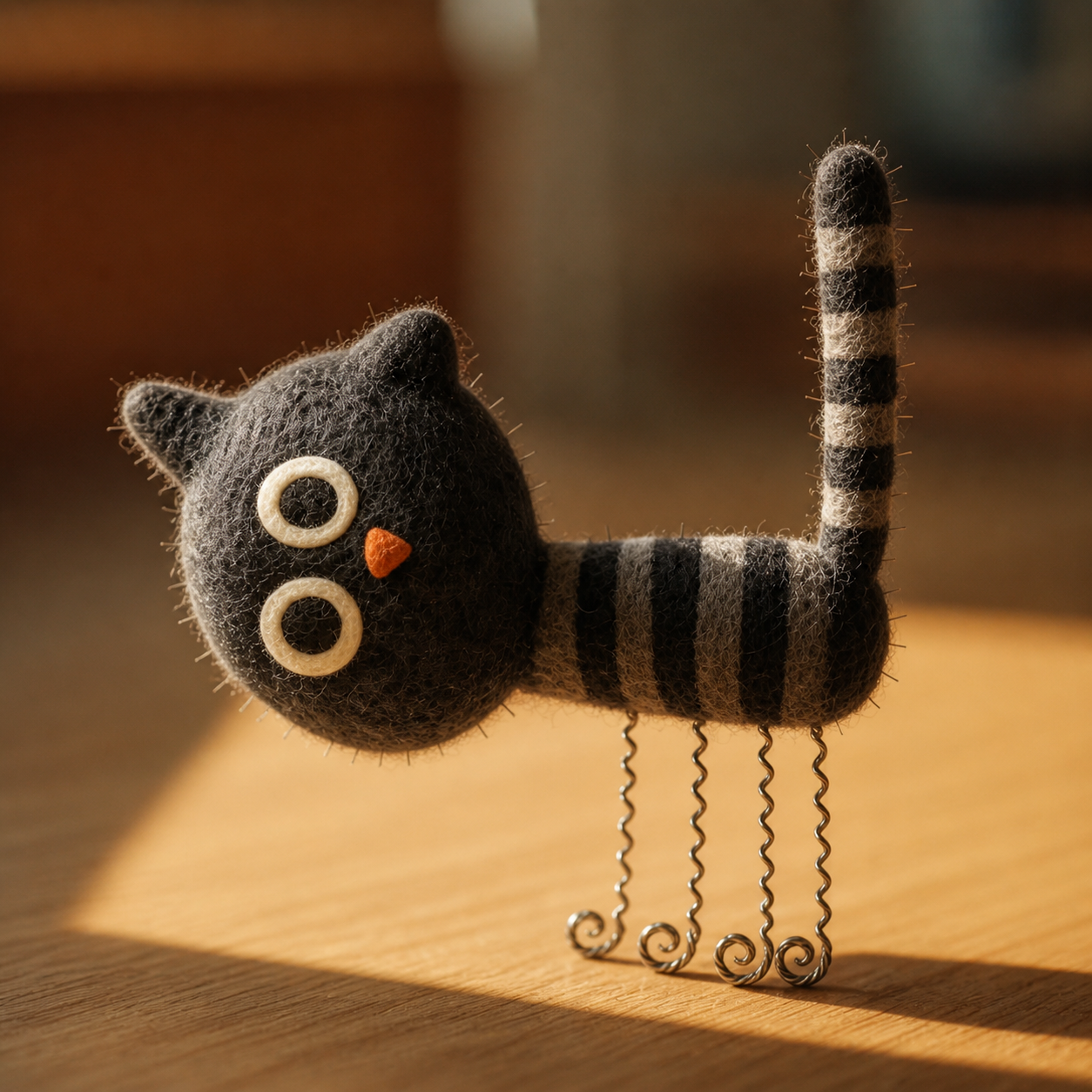 Handmade Wool Felt Striped Cat Figurine with Wire Legs – Cute Whimsical Decor