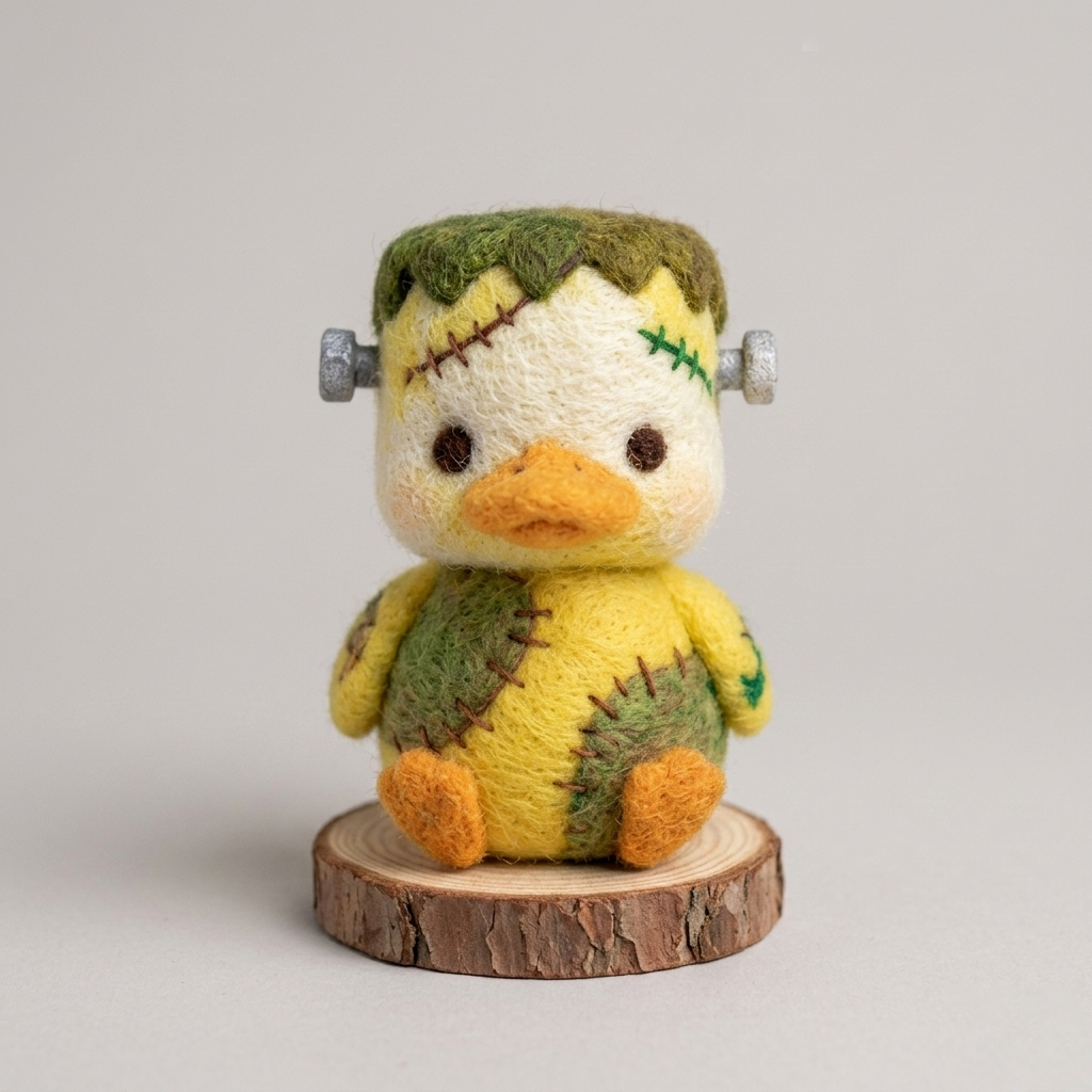 Handmade Wool Felt Frankenstein Duck Figurine – Cute Halloween Decor
