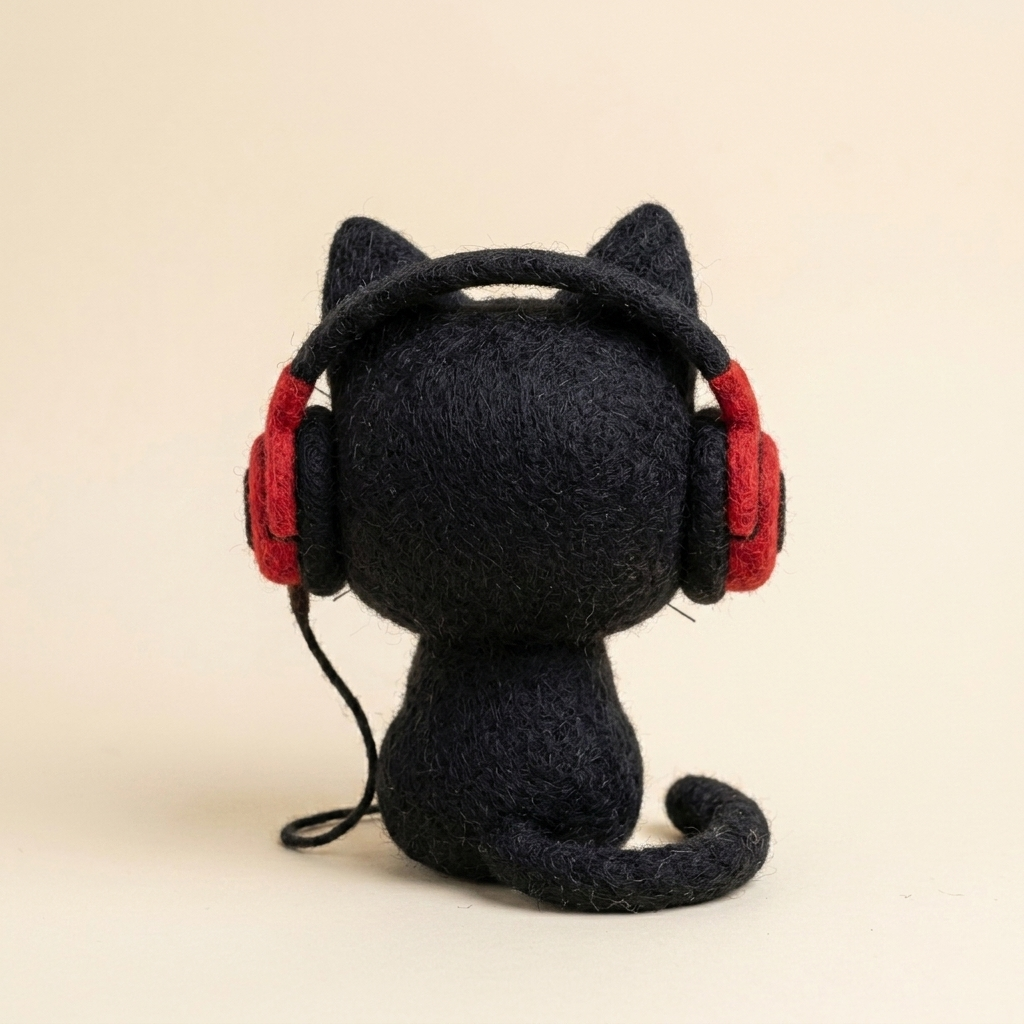 Handmade Wool Felt Grumpy Black Cat with Headphones Figurine – Cute Whimsical Decor