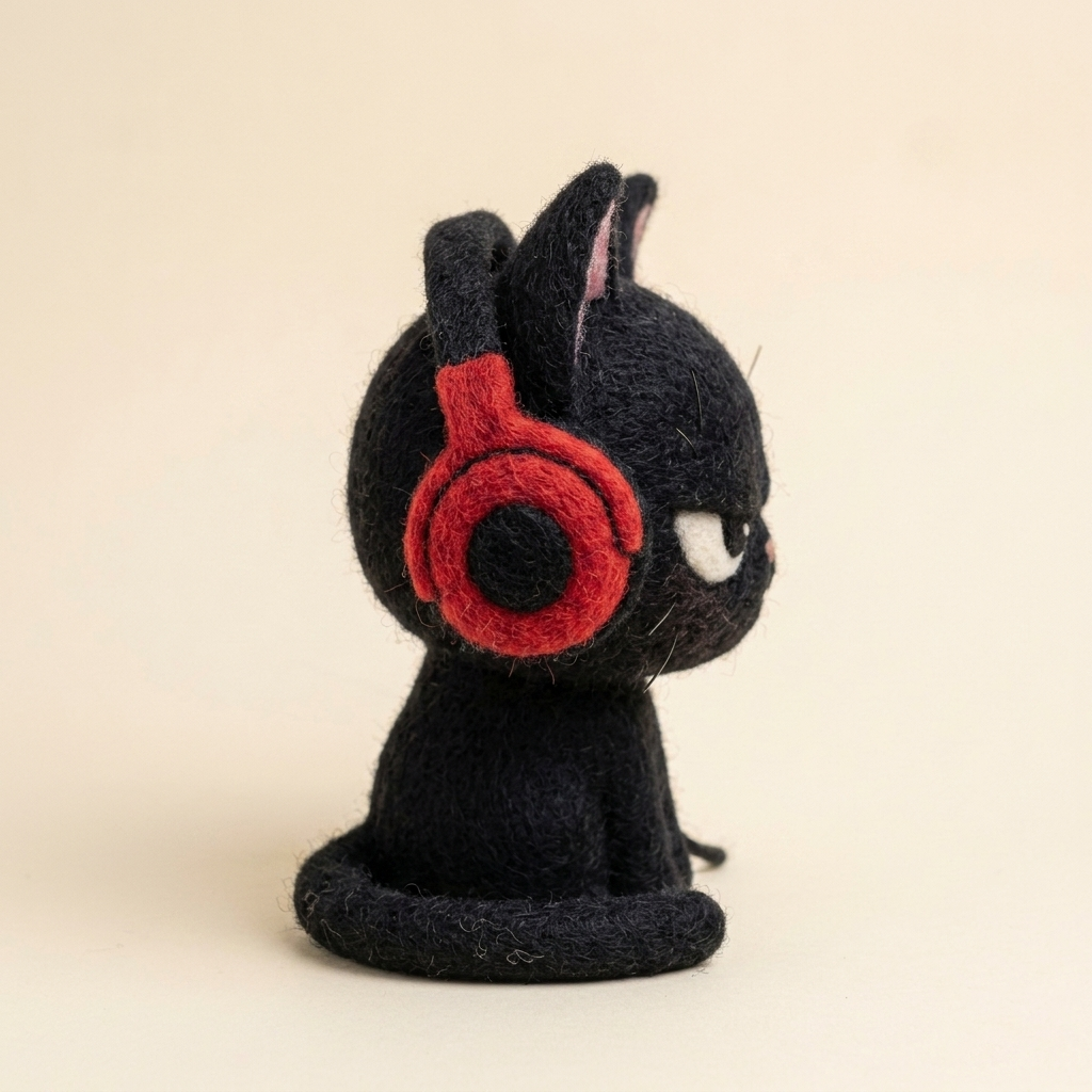 Handmade Wool Felt Grumpy Black Cat with Headphones Figurine – Cute Whimsical Decor