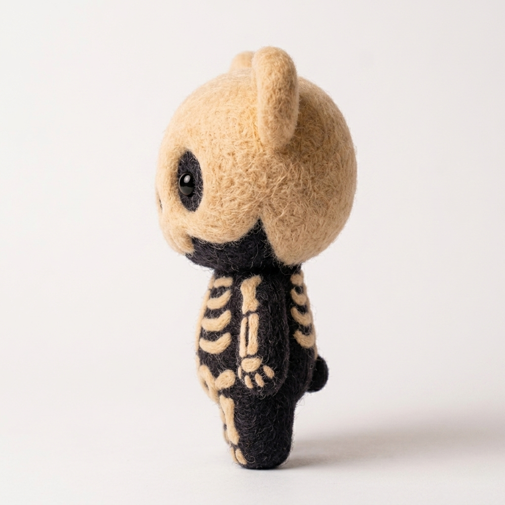 Handmade Wool Felt Skeleton Bear Figurine – Cute Spooky Decor