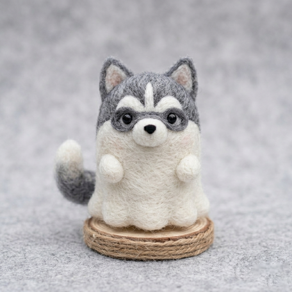 Handmade Wool Felt Husky Ghost Figurine – Cute Whimsical Decor