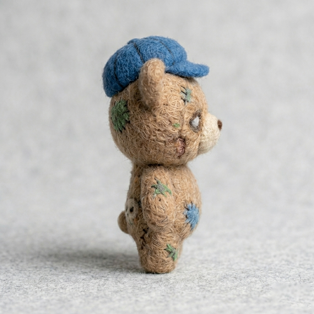 Handmade Wool Felt Stitched Bear Figurine with Cap – Cute Whimsical Decor
