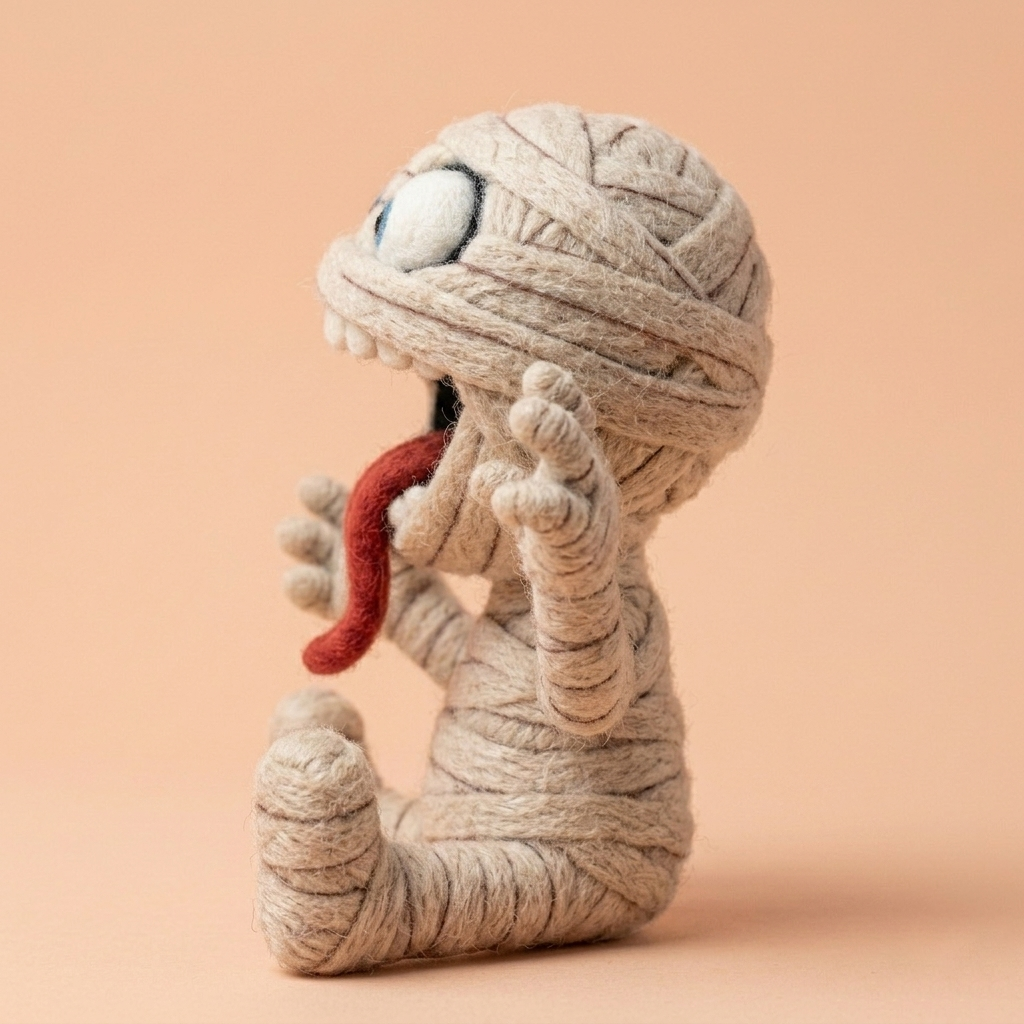 Handmade Wool Felt Playful Mummy Figurine – Cute Halloween Decor