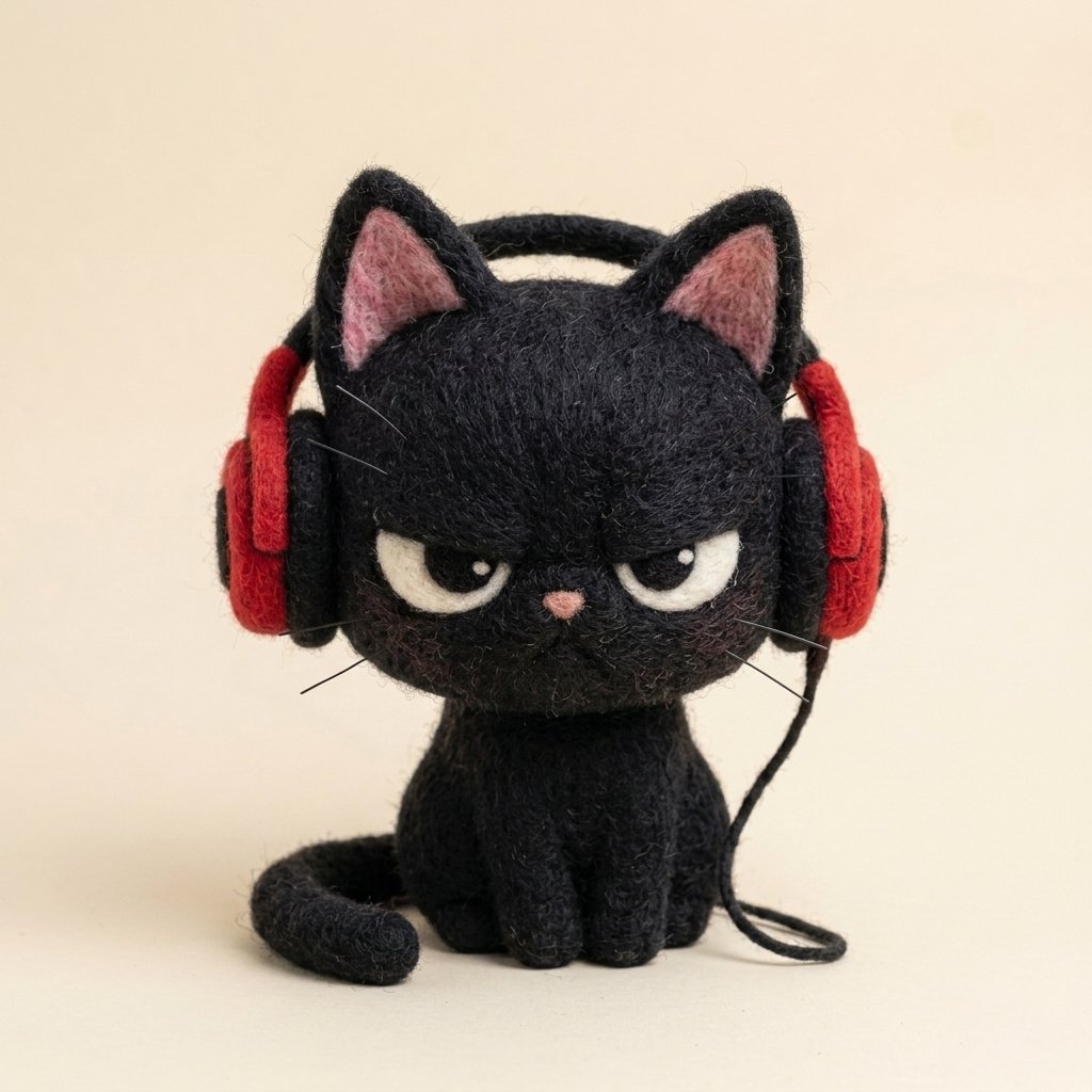 Handmade Wool Felt Grumpy Black Cat with Headphones Figurine – Cute Whimsical Decor