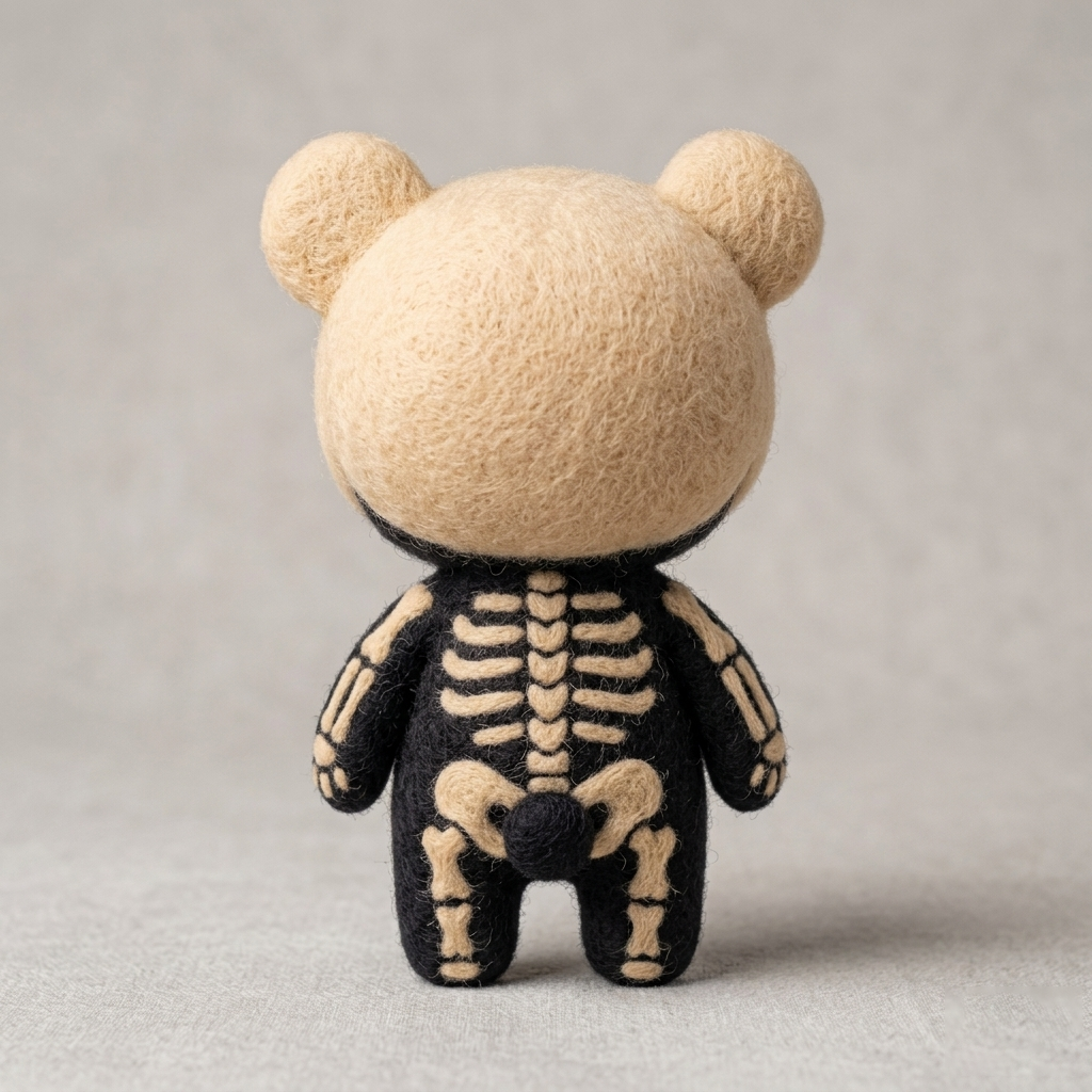 Handmade Wool Felt Skeleton Bear Figurine – Cute Spooky Decor