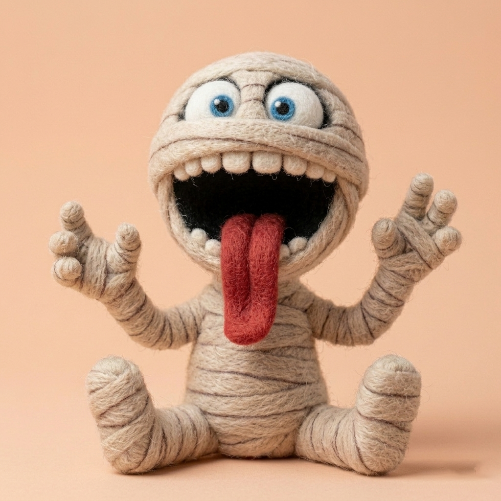Handmade Wool Felt Playful Mummy Figurine – Cute Halloween Decor